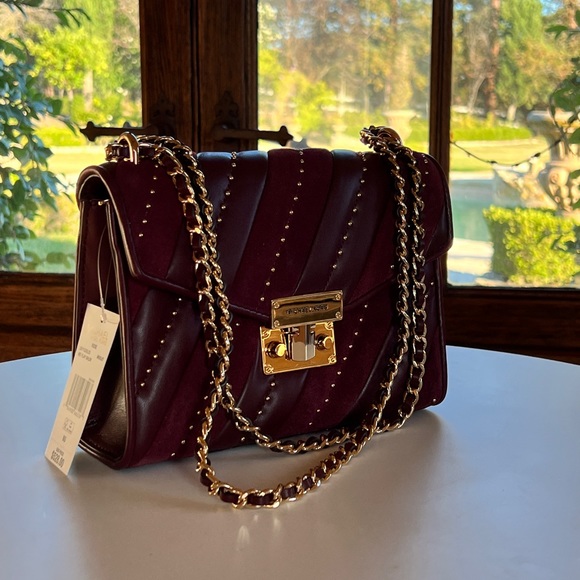 Michael Kors Rose Quilted Studded Medium Suede Chain Shoulder handbag Merlot